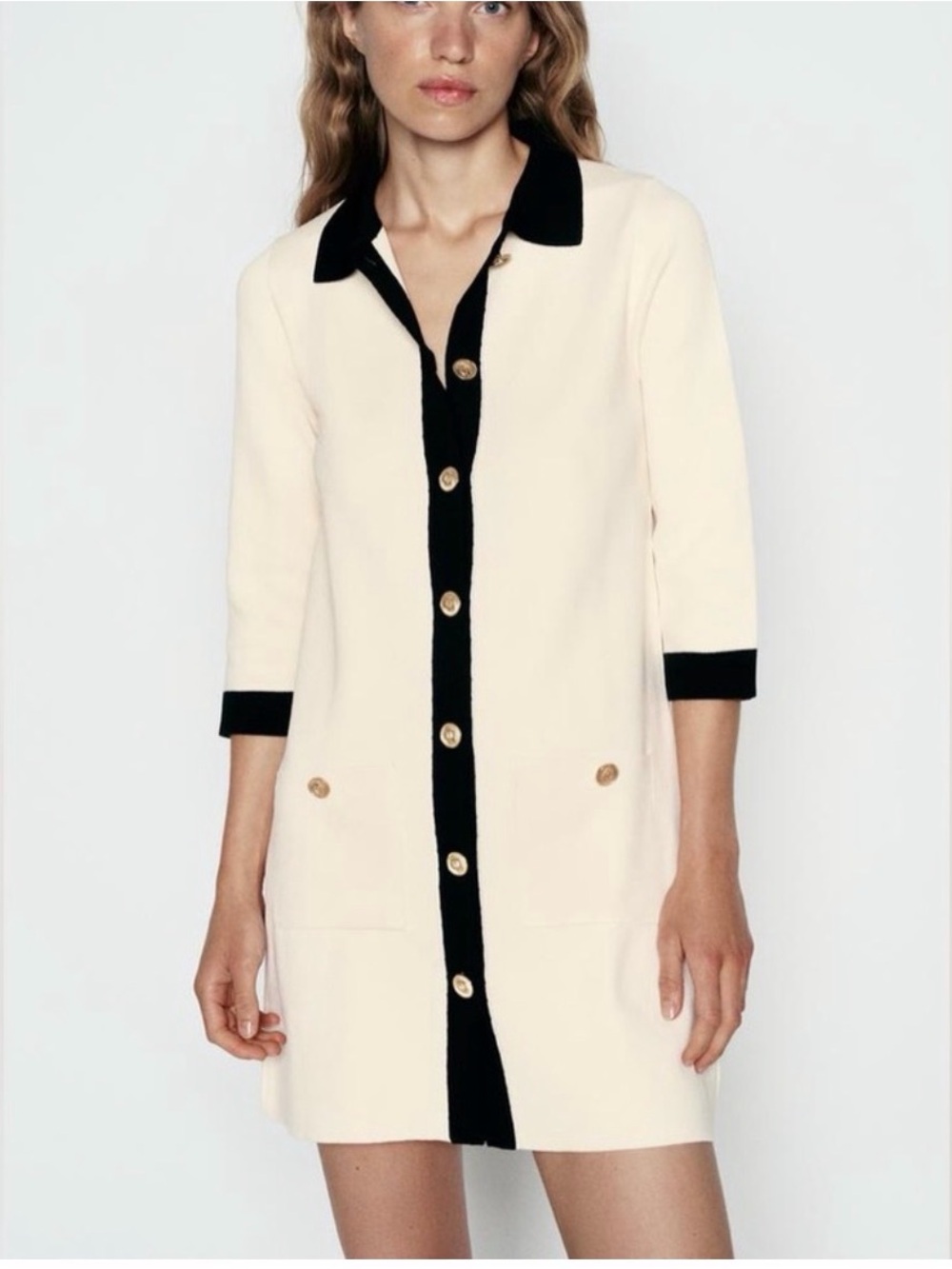 Zara cream and white knit button up dress